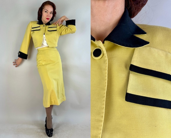 1940s Busy Bee Babe Suit Ensemble | Vintage 40s Two Tone Yellow and Black Wool Gabardine Bolero Cropped Jacket & Skirt Set | Extra Small XS