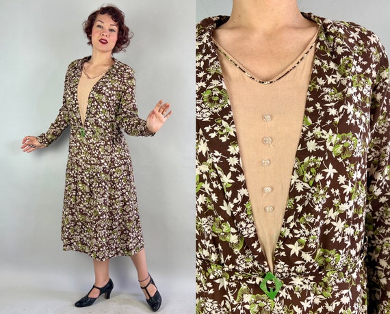 1920s Mint Chip Treat Dress | Antique Vintage 20s Semi-Sheer Cotton Frock in Chocolate Brown White and Green Floral Print | Extra Large XL