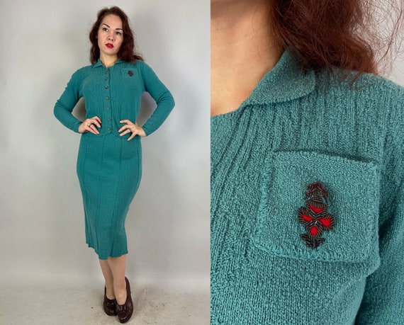 1940s Sultry Librarian Knit Dress Set | Vintage 40s Turquoise Wool Cardigan Sweater Top with Red Embroidered Crest and Skirt | Small Medium