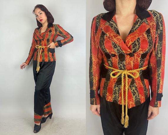 1930s Domestic Goddess Lounge Set | Vintage 30s Black Orange and Gold Silk Brocade Smoking Jacket Pants & Belt Loungewear | XS Small Medium