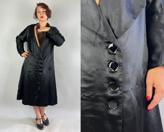 1920s Deco Decadence Duster Coat | Vintage 20s Black Silk Long Jacket with Asymmetric Closure & Silver Faceted Glass Buttons | Medium Large
