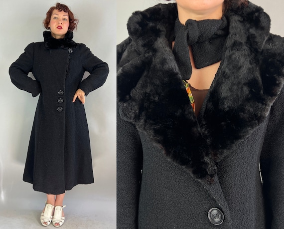 1930s Dandy in Deco Coat | Vintage 30s Black Boucle Wool Overcoat with Sheared Fur Diamond Collar and Built in Scarf | Large Extra Large XL