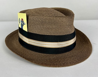 1950s Splendid Straw Fedora | Vintage 1950s Bronze Woven Milan Summer Hat with Black Grosgrain Striped Hatband | Size 7 Small/Medium