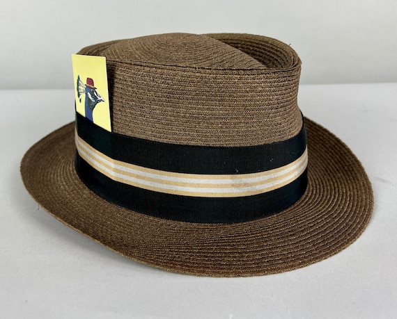 1950s Splendid Straw Fedora | Vintage 1950s Bronze Woven Milan Summer Hat with Black Grosgrain Striped Hatband | Size 7 Small/Medium