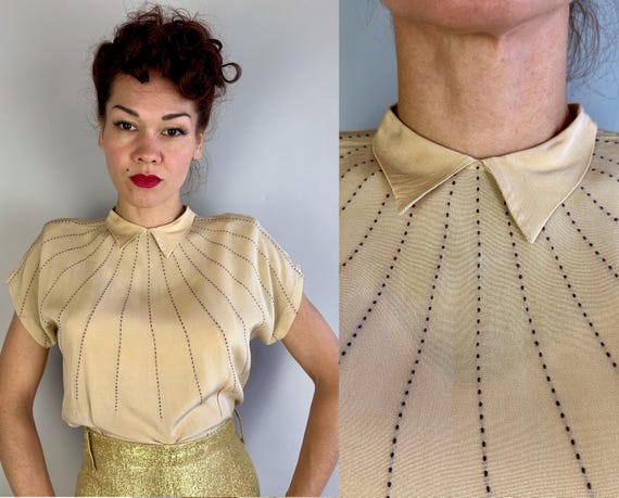 1940s Regal and Radiant Blouse | Vintage 40s Ecru Beige Silk Button Back Shirt w/Padded Shoulders & Brown Stripe Embroidery | Small Medium