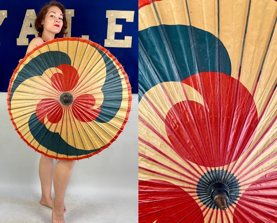 1930s Chicago World's Fair Parasol | Vintage 30s Rare Collectible 1933 Souvenir Paper Sun Umbrella w/Painted Red Blue Black Art Deco Swirls