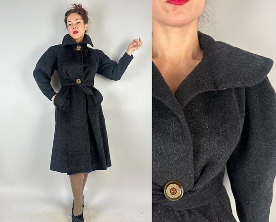 1950s Starry Night Coat | Vintage 50s Black Long Nap Wool with Silver Highlights Belted Overcoat with Giant Amber Mosaic Buttons | Small