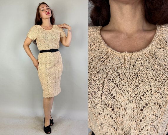 1940s Siren Song Sandy Knit Dress | Vintage 40s Pink Sand Beige Tweed Wool Knitwear Frock with Chunky Lacey Leaf Stitch Stripes | Large XL