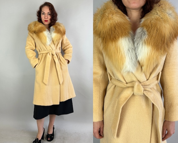 1970s Foxy Lady Coat | Vintage 70s Does 30s Cream White Wool Fit and Flare Overcoat with Big Fox Fur Collar & Tie Belt | Small Medium Large