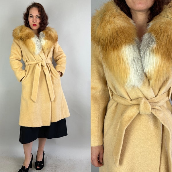 1970s Foxy Lady Coat | Vintage 70s Does 30s Cream White Wool Fit and Flare Overcoat with Big Fox Fur Collar & Tie Belt | Small Medium Large