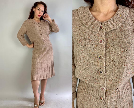 1950s Candy Coated Knit Ensemble | Vintage 50s Beige Orange Yellow and Brown Tweed Fleck Wool Cardigan Sweater & Skirt | Small Medium Large