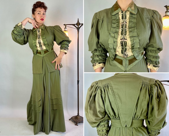 1800s Sage Sally Dress Ensemble | Victorian Antique Vintage Green Wool Bodice & Skirt with Embroidery Scallops Ruffles and Pleats | Medium