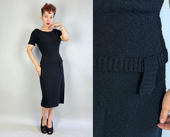 1950s Cozy Cocktail Knit Dress | Vintage 50s Black Boucle Wool Wiggle LBD Frock with Nipped Waist and Hip Accents | Small Medium Large