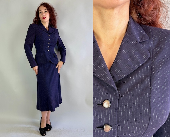 1940s Flecked Fascination Suit | Vintage 40s Navy Blue with Green Flecks Wool Hourglass Padded Shoulder Jacket and A-Line Skirt Set | Small