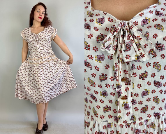 1940s Paisley Paradise Dress | Vintage 40s White Pink Red and Yellow Cotton Frock with Lace Stripes and Neck Bow | Large