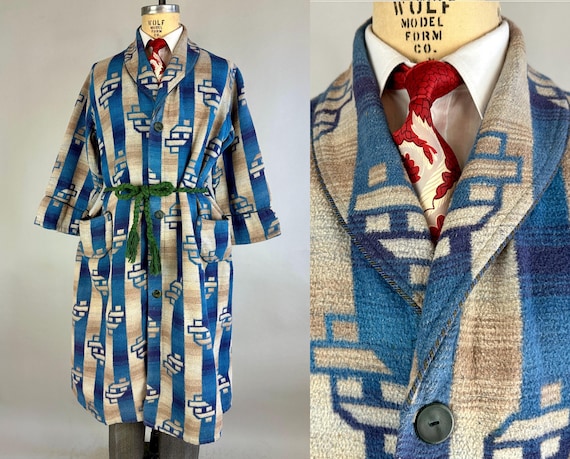 1930s Lined Up Lounge Robe | Vintage 30s Ombre Greys & Blues with Stripes and Deco Parallelograms Smoking Jacket w/ Belt | Large/Extra Large