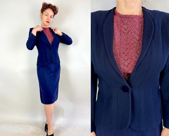 1940s Architectural Accuracy Suit | Vintage 40s Navy Blue Wool Crepe Single Button Jacket and Pencil Skirt Set with Curving Columns | Small