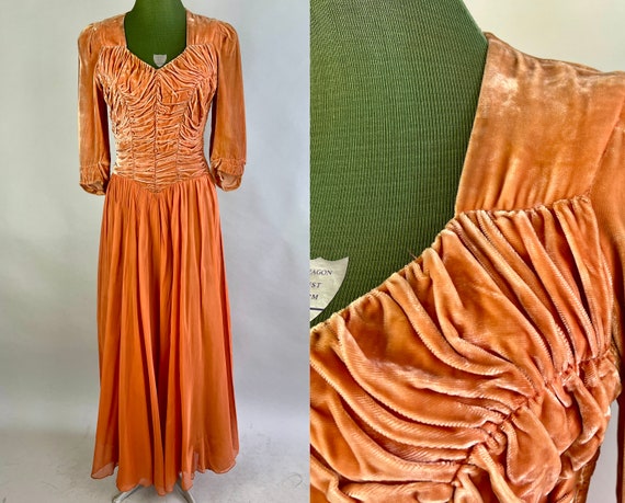 1930s Carousing in Coral Gown | Vintage 30s Pinky Orange Silk Velvet and Rayon Chiffon Formal Dress with Heavy Ruching | Extra Small XS