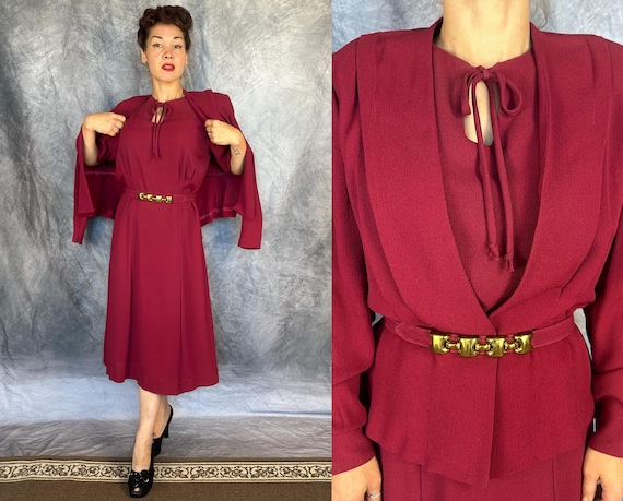 1940s Ready In Raspberry Dress Ensemble | Vintage 40s Three Piece Rayon Crepe Frock Peplum Jacket & Gold Embellished Belt | Extra Large XL