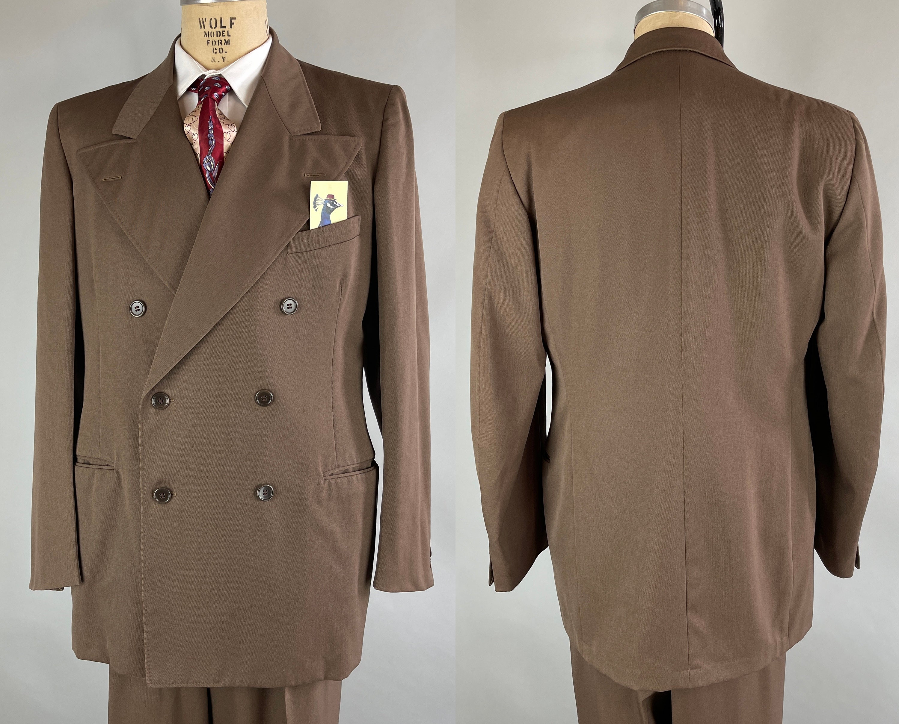 1940s Gallant Gilbert Suit Vintage 40s Deep Taupe Brown Wool Gabardine Peak Lapel Jacket Vest