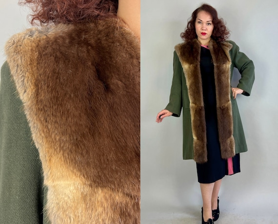 1940s Gal Around Town Coat | Vintage 40s Moss Green Wool Overcoat with Beaver Fur Full Length Peaked Trim and Pockets | Medium Large