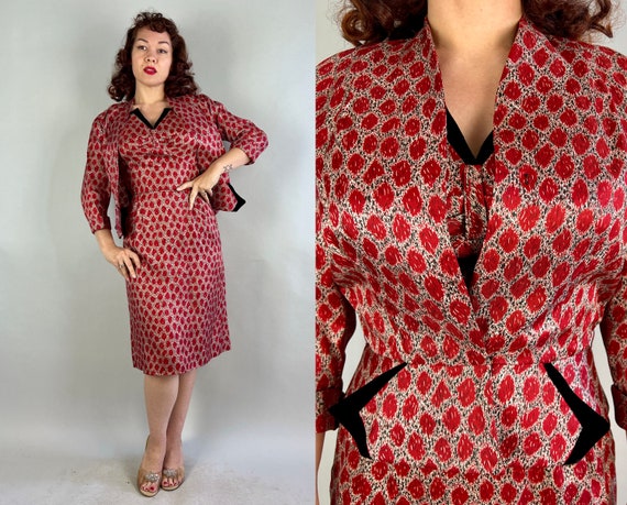 1940s Feeling Dottie Dress Set | Vintage 40s Wiggle Frock and Blazer Ensemble in Red White Silk with Black Velvet Accents | Small