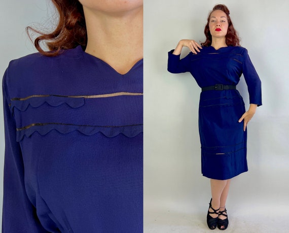 1940s Scalloped Soiree Dress | Vintage 40s Navy Blue Rayon Frock with Peek-a-Boo Lines, Padded Shoulders and Scallops | Extra Large XL Volup
