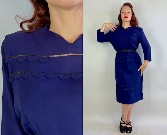 1940s Scalloped Soiree Dress | Vintage 40s Navy B… - image 1