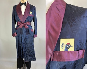 1930s Dashing Deco Dressing Robe | Vintage 30s Blue and Purple Deadstock Rayon Jacquard Smoking Jacket Lounge Coat with Sash | Medium