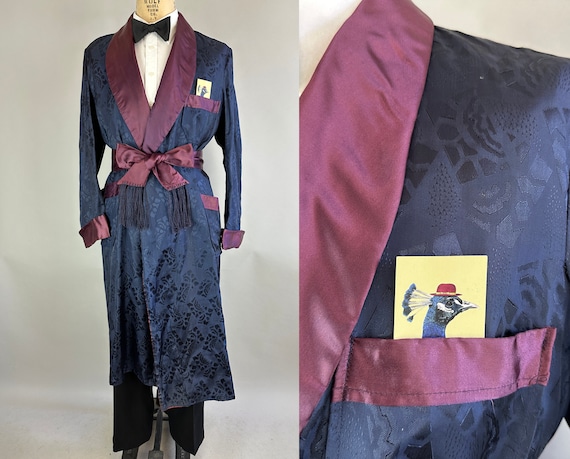 1930s Dashing Deco Dressing Robe | Vintage 30s Blue and Purple Deadstock Rayon Jacquard Smoking Jacket Lounge Coat with Sash | Medium