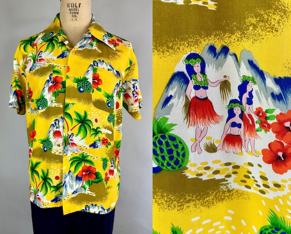 1950s Hula Holiday Shirt | Vintage 50s Hawaiian Tiki Rayon Short Sleeve Button Up Top with Tropical Scenes in Yellow Red and Green | Large