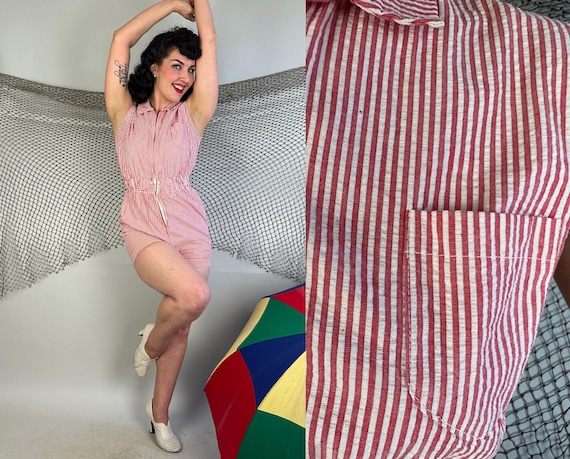 1950s Ready To Romp Romper | Vintage 50s Pink and White Stripe Seersucker Cotton One Piece Zip Up Playsuit Summer Togs | Small Medium