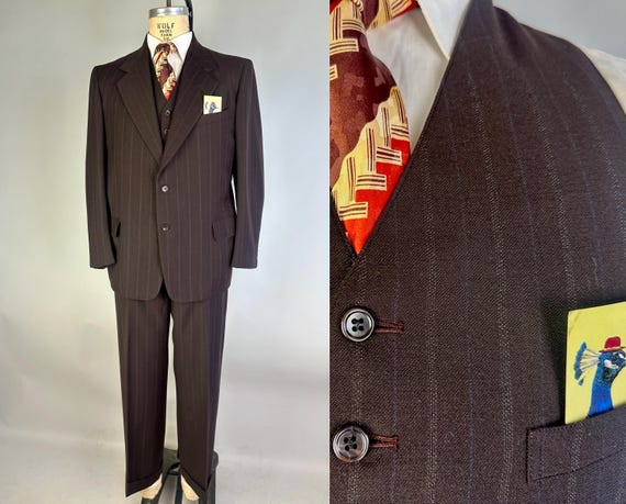 1940s Man in Mocha Suit | Vintage 40s 3 Piece Brown Wool Jacket Vest and Pants w/ Blue & White Stripes Dated 1949! | Size 42 Large