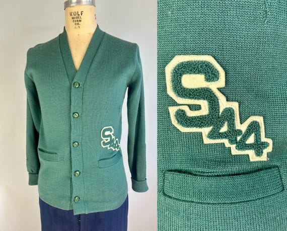 1940s School Spirit Sweater | Vintage 40s Teal Green Wool Knit Collegiate Button Up Cardigan with Ivory Accented 44 Chenille Patch | Medium