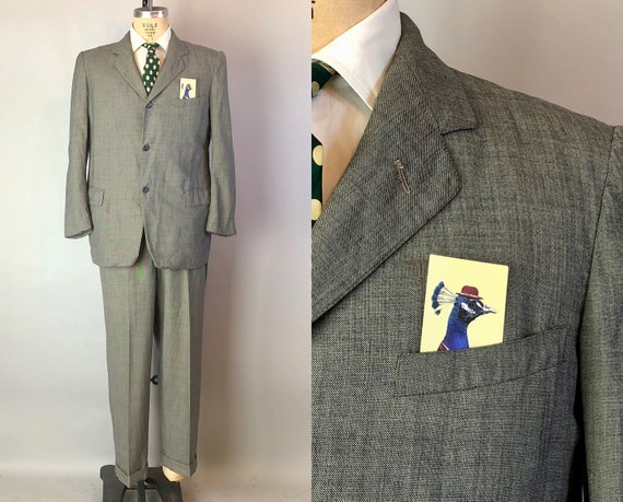 1950s Stately Mens Suit | Vintage 50s River Stone Grey Gray Lightweight "Gentree" Woven Wool Jacket & Trousers | Size 40/42 Medium/Large
