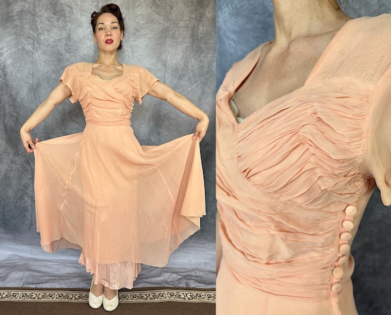 1940s What A Peach! Gown | Vintage 40s Peachy Pink Rayon Chiffon Princess Dress w/Full Ruching Sweetheart Neck and Flutter Skirt | Medium