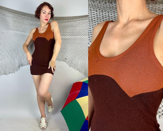1920s Snazzy Gingersnap Swimsuit | Vintage 20s Orange and Brown Color Block Wool Knit One Piece Low Back Bathing Suit | Small Medium Large