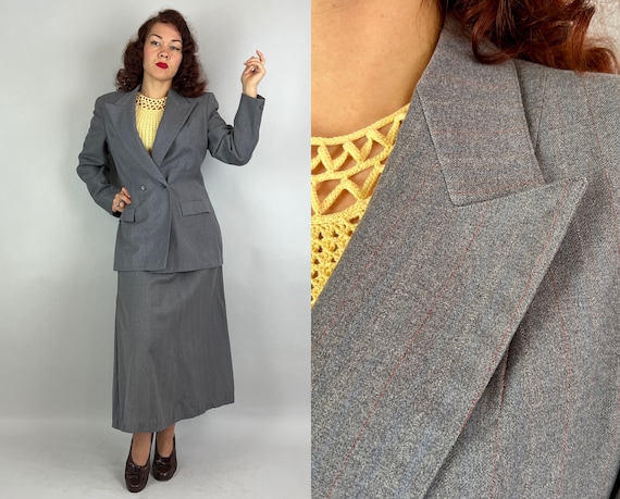 1940s Gal Friday Suit | Vintage 40s Menswear Inspired Two Piece Grey Red and Blue Pinstripe Peak Lapel Jacket and Skirt Set | Extra Large XL