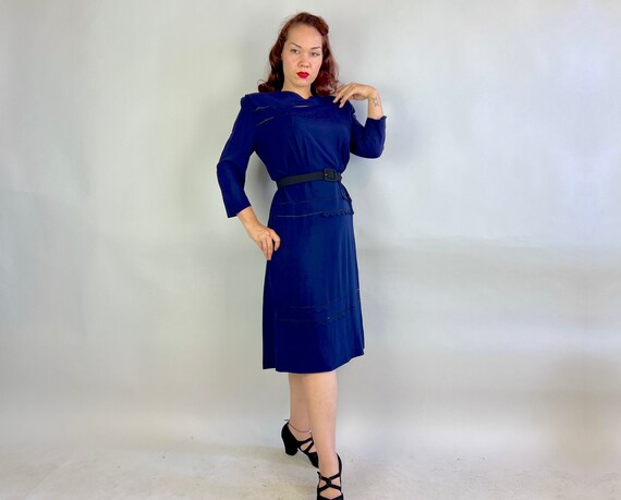 1940s Scalloped Soiree Dress | Vintage 40s Navy B… - image 3