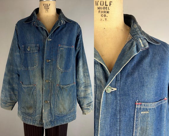 1960s Farmhand Frank Chore Jacket | Vintage 60s Blue Denim Dungaree Workwear Barn Coat with Wool Lining & Corduroy Collar | Extra Large XL