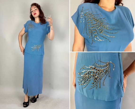 1940s Gilded Sparkle Evening Gown | Vintage 40s Sky Blue Rayon Crepe Dress with Peplum Clear Sequins Gold Beads & Brass Studs | Small/Medium