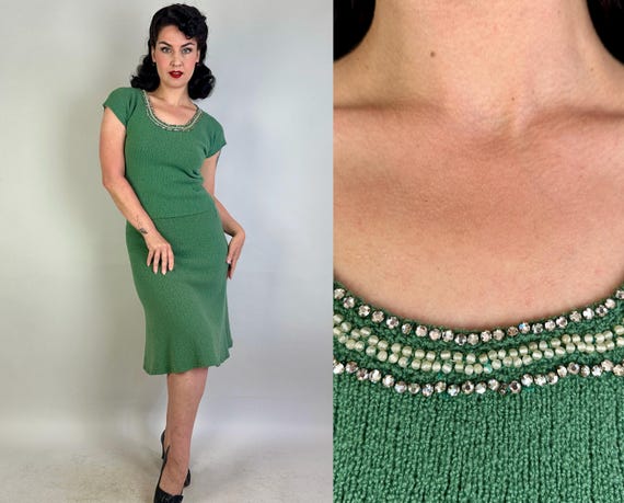 1950s Sagely Smart Knit Ensemble | Vintage 50s Green Boucle Wool 3 Piece Pullover Rhinestone Sweater Jumper Skirt Set |Small Medium Large XL