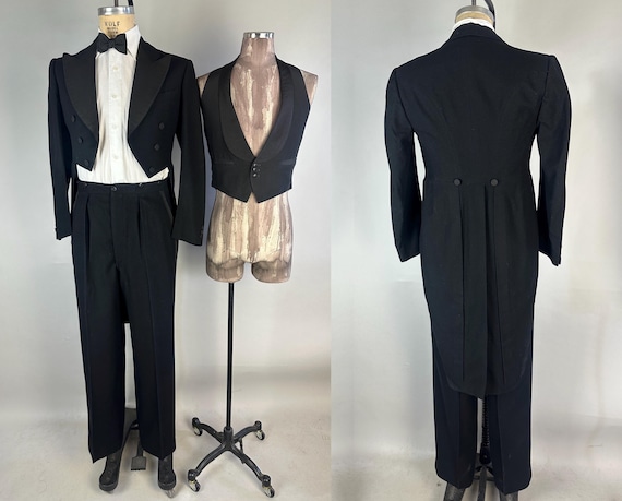 1930s Putting On the Ritz Tails Tux | Vintage 30s Black Wool 3 Piece Tuxedo Tailcoat Vest & Trousers Formal Suit | Size 36 Small