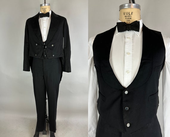 1800s Dapper Three-Piece Tux Suit | Vintage Antique Late-Victorian Black Wool Formal 3-Piece Tuxedo Tails Buckle-Back Set | Size 40 Medium