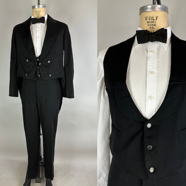 1800s Dapper Three-Piece Tux Suit | Vintage Antique Late-Victorian Black Wool Formal 3-Piece Tuxedo Tails Buckle-Back Set | Size 40 Medium