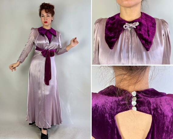 1930s Ravishingly Royal Two Piece Gown Ensemble | Vintage 30s Icy Purple Rayon Satin Zip Front Hostess Dress and Plum Velvet Gown | Medium