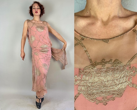 1920s Lucy Looped in Lamé Dress | Vintage 20s Pink Silk Chiffon Layered Evening Gown with Gold Metal Woven Motif and Hip Swag | Small