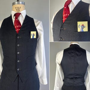 May include: A dark charcoal gray pinstriped vest featuring a five-button front closure, two welt pockets, and a solid black back panel with an adjustable strap. The vest is worn over a white collared shirt with a red tie and a peacock pocket square.