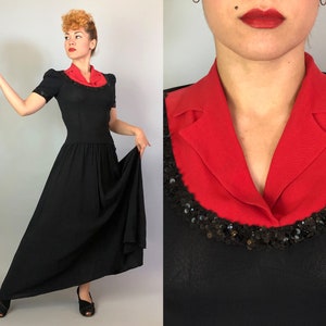 1940s Color Block Cutie Gown Vintage 40s Two Tone Tomato Red and Black Evening Dress with Notched Lapels and Sequin Trim Small image 1