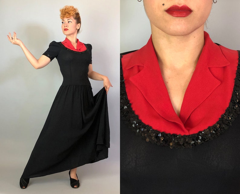 1940s Color Block Cutie Gown Vintage 40s Two Tone Tomato Red and Black Evening Dress with Notched Lapels and Sequin Trim Small image 1